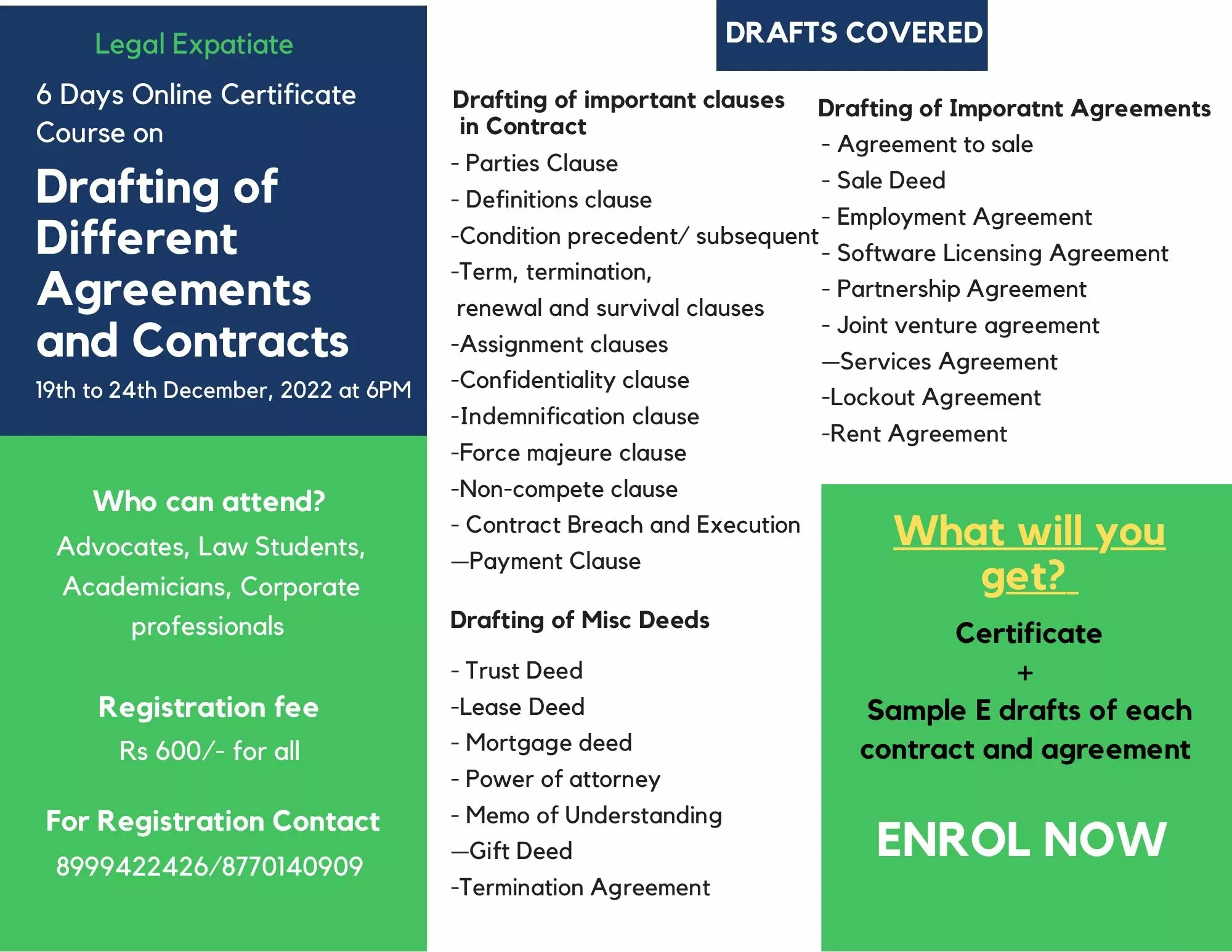 6 Days Online Workshop on Drafting of Agreements And Contracts from 19th to 24th Dec, 2022 | Legal Expatiate