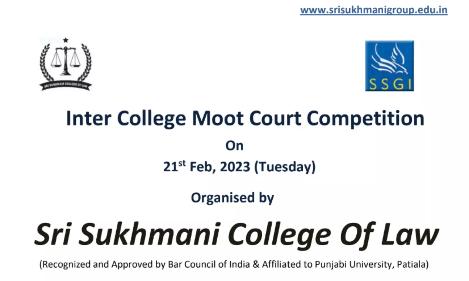 1st SSCL Inter College Moot Court Competition 2023 | Sri Sukhmani College of Law | 21st February 2023