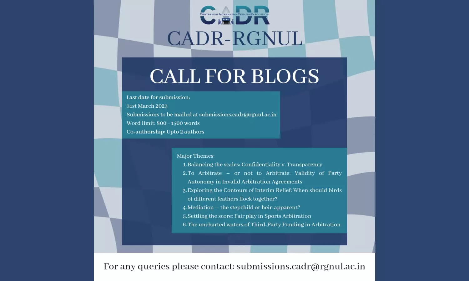 CADR RGNUL Call for Blogs | Centre for Alternative Dispute Resolution, RGNUL | Submit by 31st March