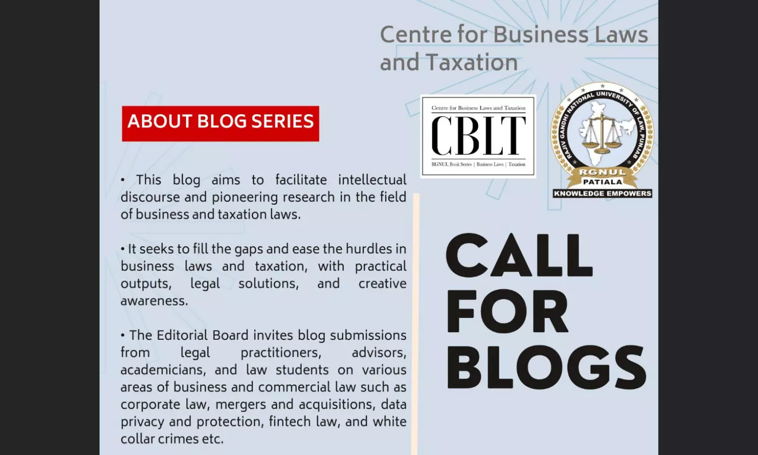 RGNUL CBLT Call for Blogs | RGNUL Centre for Business Laws and Taxation | Rolling Submissions