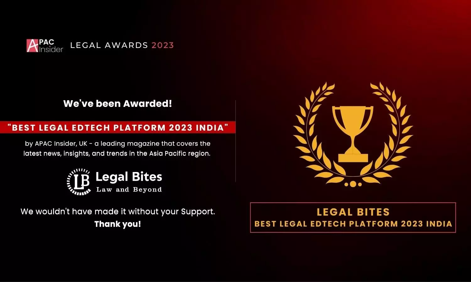 Celebrating a Milestone Achievement: Legal Bites Wins Best Legal Edtech Platform 2023 - India at APAC Legal Awards