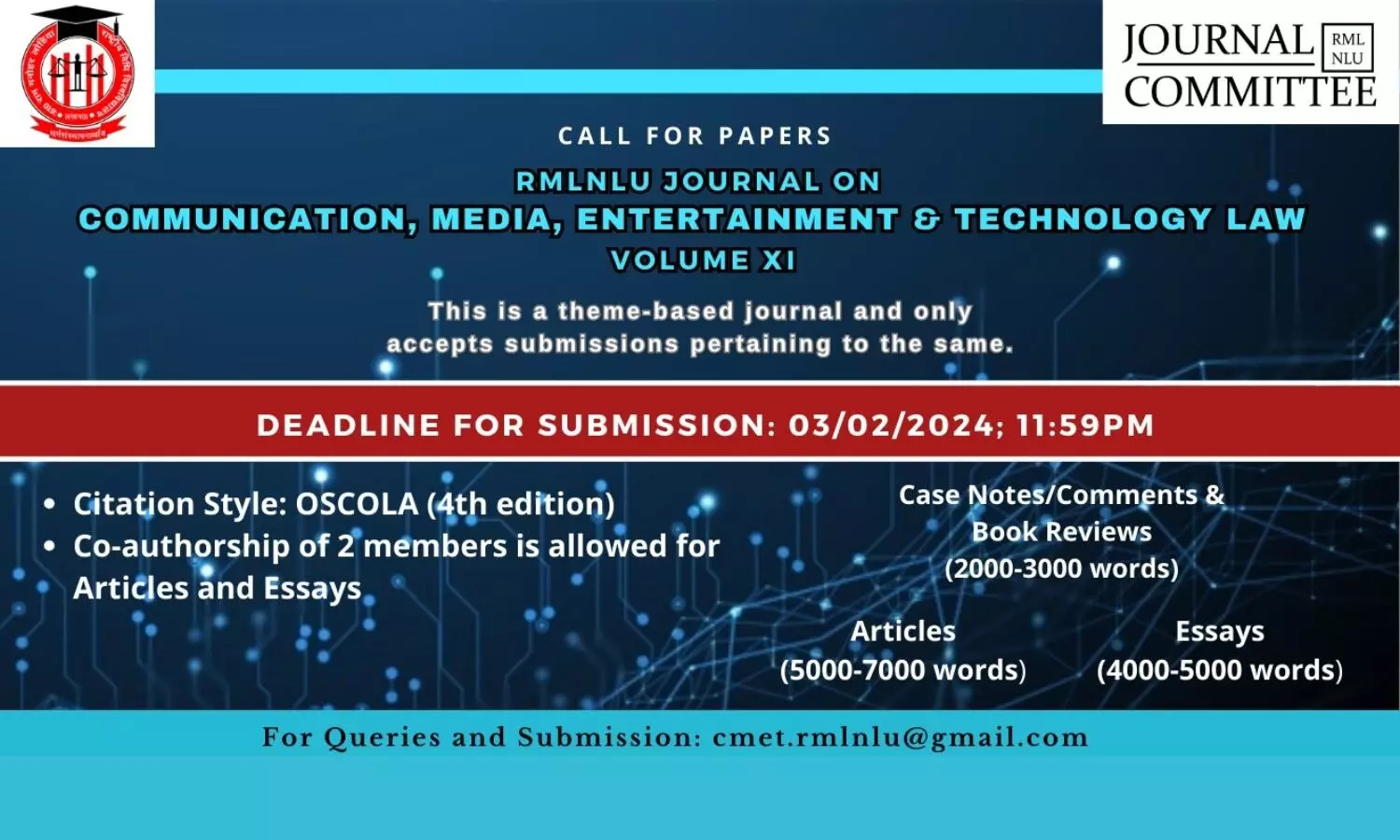 Call for Papers: RMLNLU Journal on Communication, Media, Entertainment and Technology Law Volume 11
