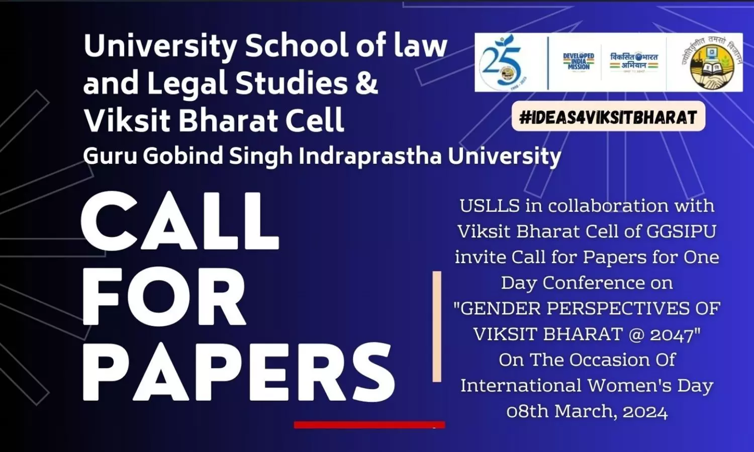 One Day National Conference on “Gender Perspectives of Viksit Bharat @ 2047” | USLLS | 8th March, 2024