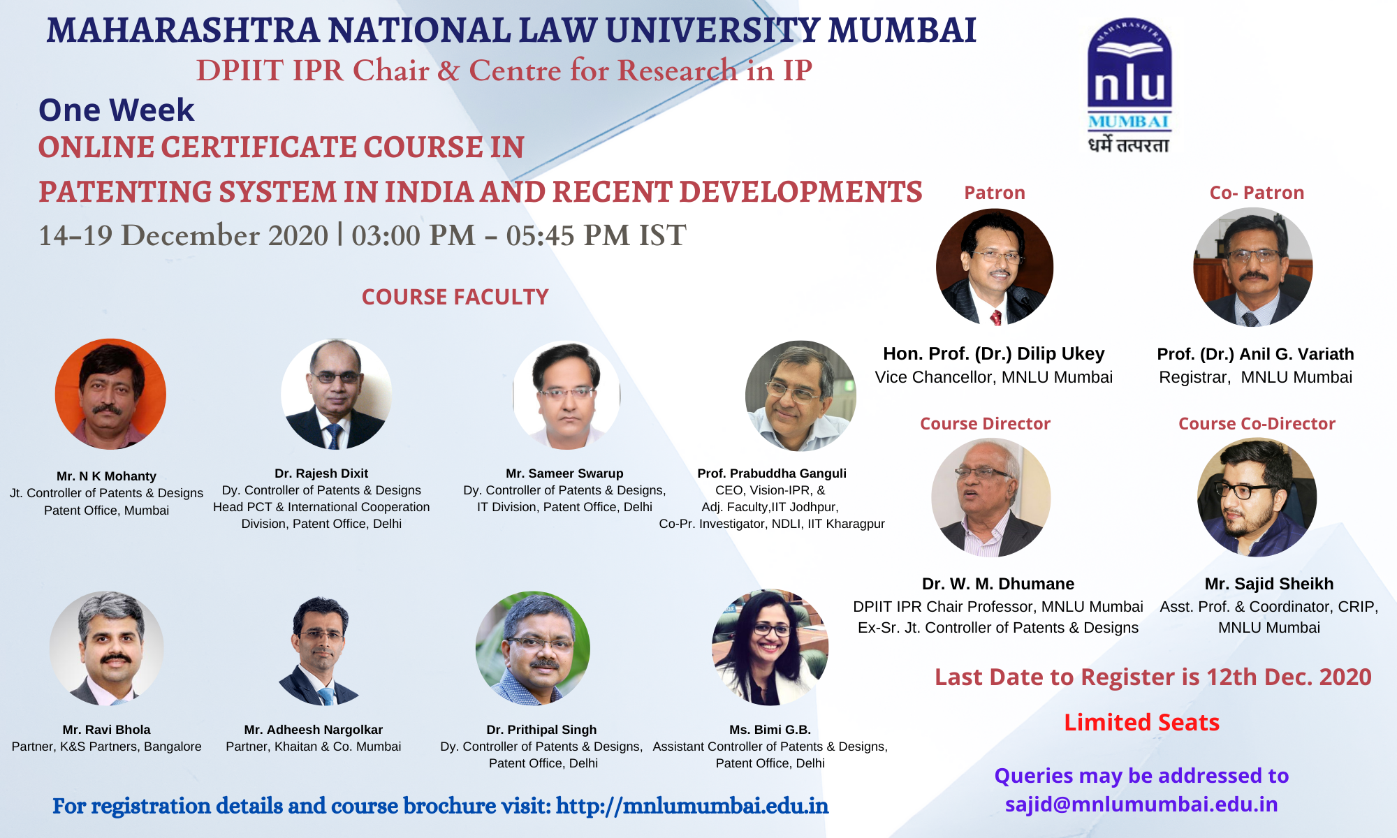 MNLU Mumbai One Week Certificate Course in Patenting System in India | 14 – 19 Dec. 2020