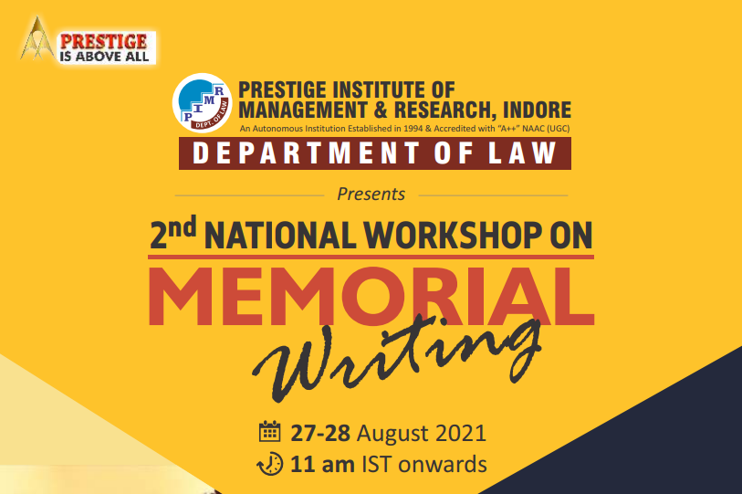 2nd National Workshop on Memorial Writing by Department of Law, PIMR, Indore: Register by August 20, 2021