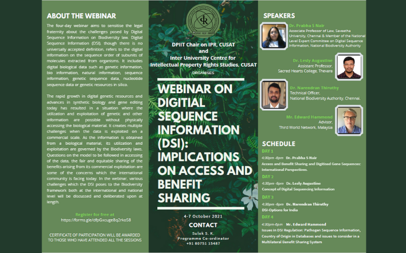 Webinar on Digital Sequence Information(DSI): Implications on access and benefit-sharing | IPR Studies, Cochin University of Science and Technology.