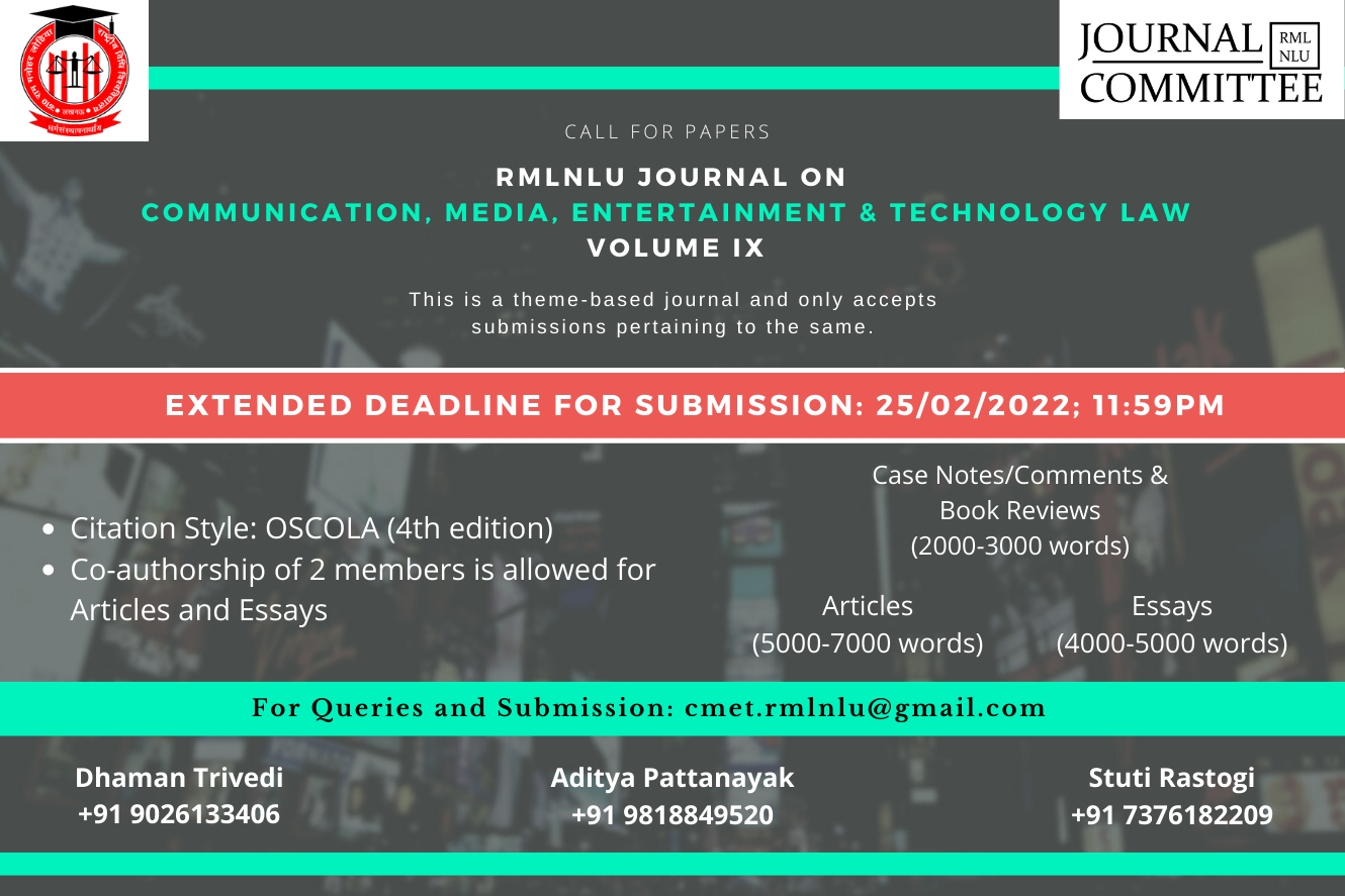 Call for Papers: RMLNLU Journal on Communication, Media, Entertainment & Technology Law [Vol. 9]: Submit by 25th Feb 2022