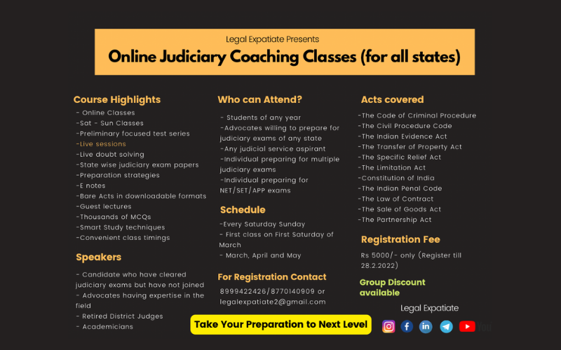 Legal Expatiate Online Judiciary Exams Coaching (for all states) Saturday-Sunday Classes (March to May)[Register by 28.2.2022]